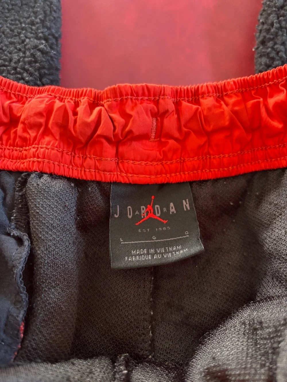Jordan Black Sherpa Joggers with Red Waistband and Yellow Patch